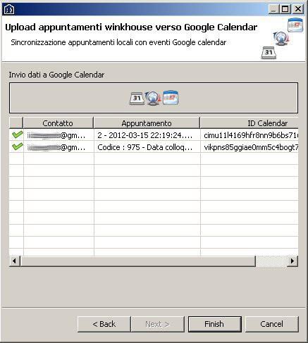 Nella tabella vengono visualizzati gli appuntamenti o colloqui inviati a Google Calendar, in caso di invio o gli eventi di Google Calendar scaricati in caso