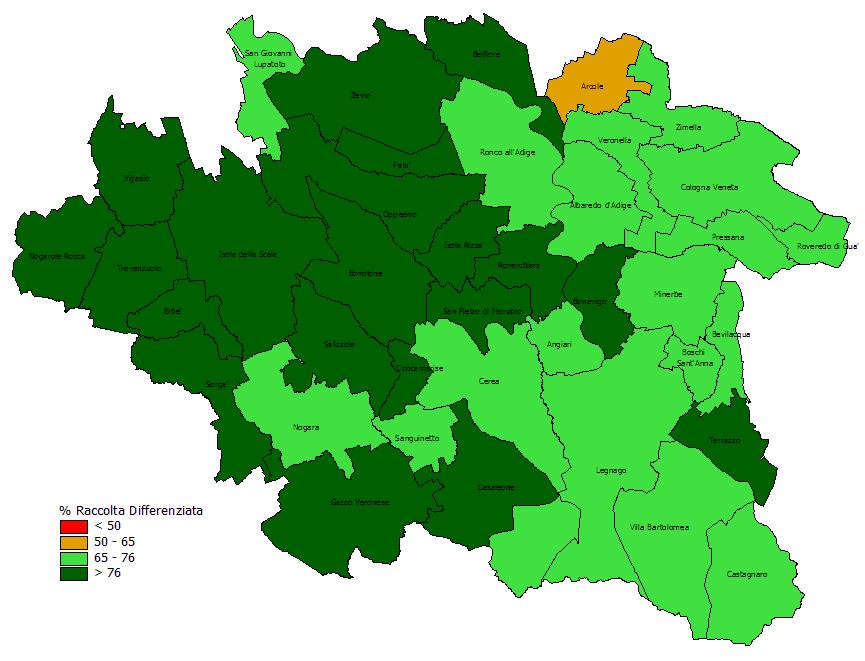 Verona Sud Distribuzione dei comuni in base agli obiettivi di raccolta differenziata