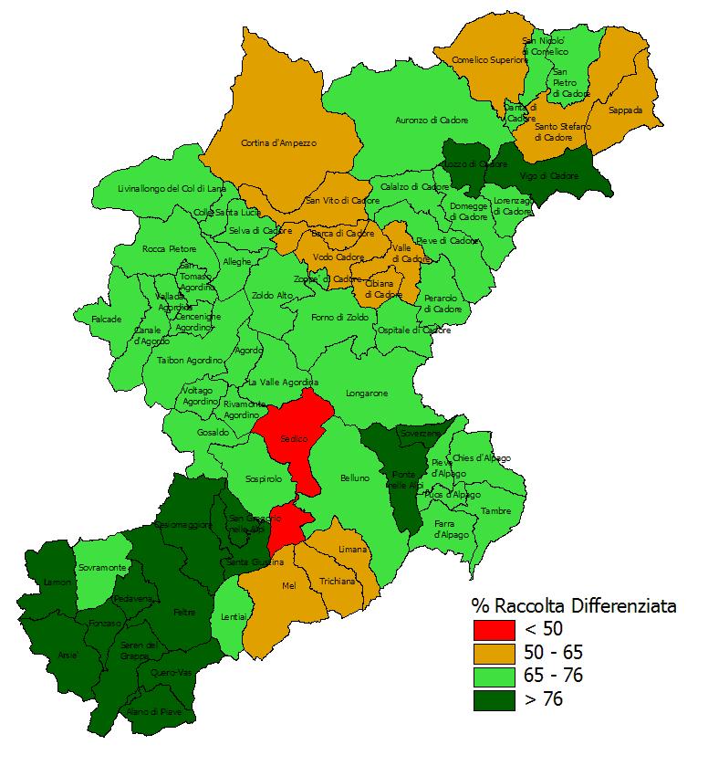 Belluno Distribuzione dei comuni in base agli obiettivi di raccolta differenziata raggiunti