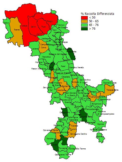 Brenta Distribuzione dei comuni in base agli obiettivi di raccolta differenziata raggiunti