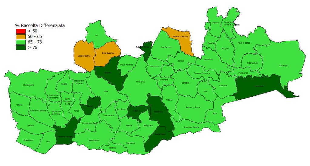 Padova Sud Distribuzione dei comuni in base agli obiettivi di raccolta differenziata