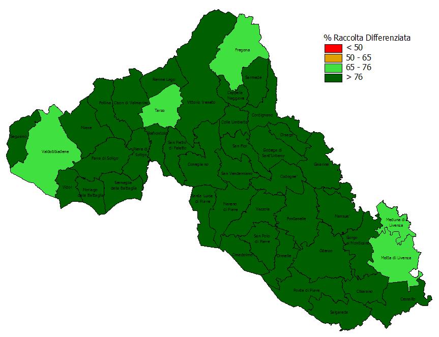 Sinistra Piave Distribuzione dei comuni in base agli obiettivi di raccolta differenziata