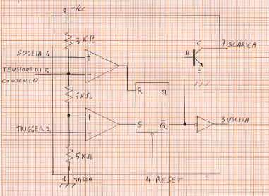 Pagina 3 di 8 Possiamo notare tre resistori uguali da 5 kω, aventi lo scopo di dividere la tensione di alimentazione Vcc in tre tensioni multiple di 1/3 di Vcc; in fatti tra il resistore inferiore e