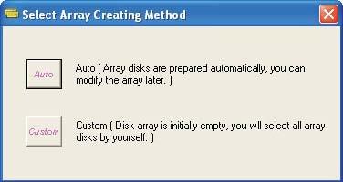 Auto (Automatico): Il software configurerà le unità disco disponibili in un Disk Array. Le unità disco possono essere modificate in un secondo tempo. Si raccomanda di usare questo metodo.