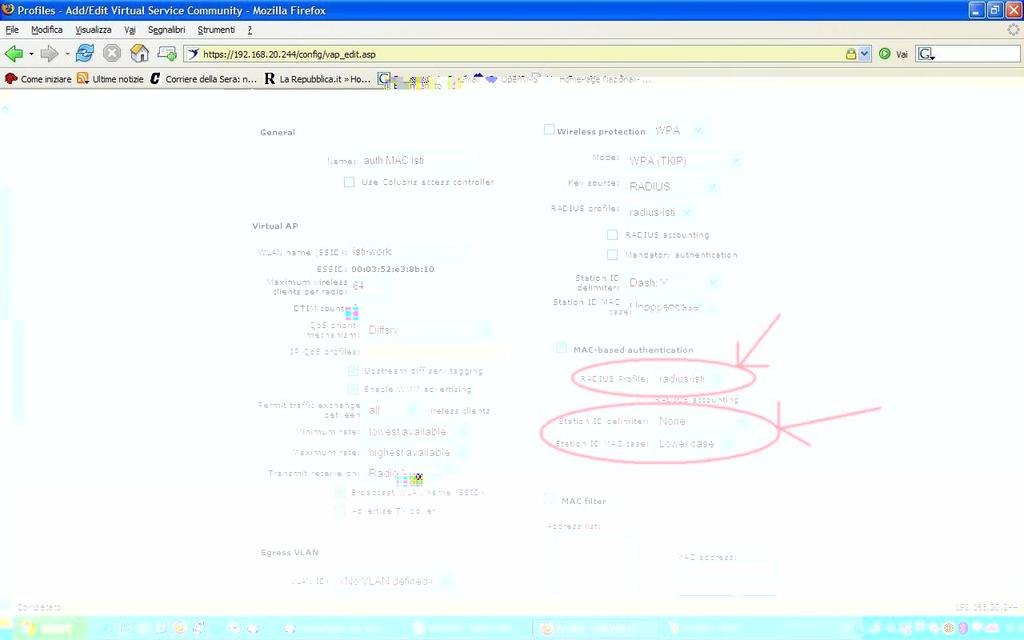 I parametri del Radius per gli Access Point Versione 1 Il primo parametro che occorre specificare è Profile Name, che un semplice nome per identificare il profilo, in caso si decida di utilizzar più