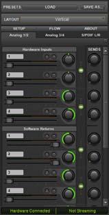 Orizzontale (solo metri) Il layout Solo metri è principalmente destinato al metering degli ingressi hardware pre-fader e dei ritorni software, ma non consente di accedere ai mixer stereo.