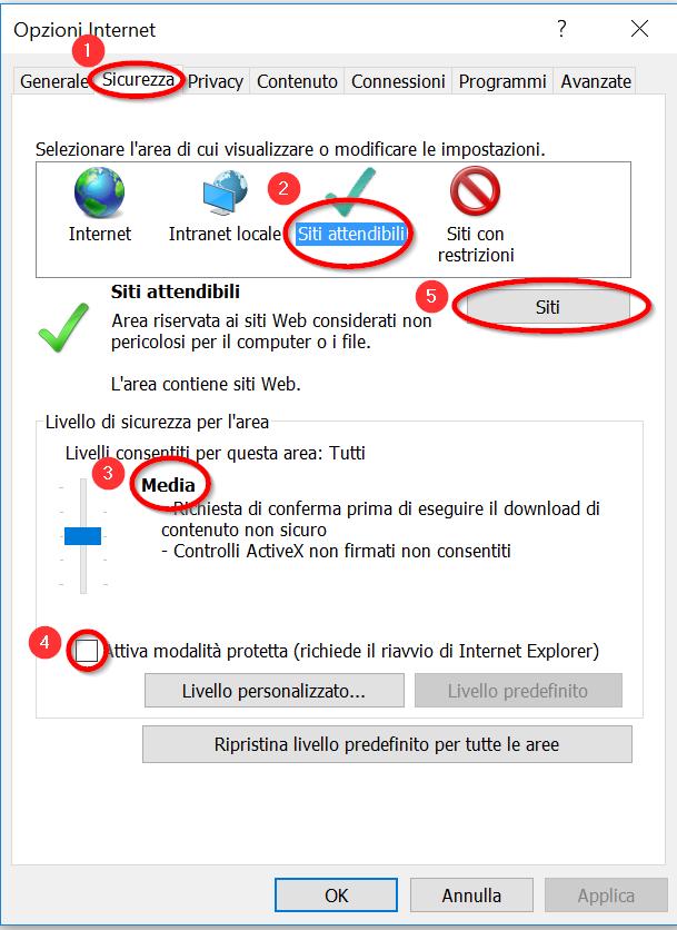 Nella scheda Sicurezza () selezionare Siti attendibili ().