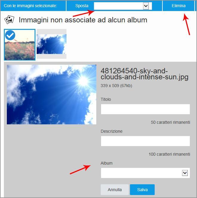 Una volta selezionato l Album di destinazione, scegliere il file da caricare tra cioè le immagini fornite di default dal servizio, o con il pulsante per caricare un file direttamente dal proprio Pc.
