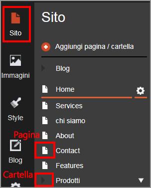 Modifica delle pagine e dei menù di navigazione Modifica delle voci di menù E possibile gestire le pagine del sito web tramite la sezione Sito-, che mostra tutte le pagine e cartelle