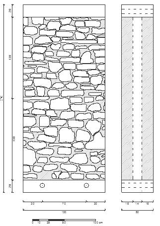 4 - Raccolta ed analisi di precedenti sperimentazioni 4. Due pannelli (7 e 8) sono stati sottoposti ad un intervento congiunto di iniezione e inserimento di tirantini metallici. Fig. 4.42 Schema di pannello murario a tre paramenti (sinistra) e sua realizzazione (destra) (Bresolato e Pasin, 2009).