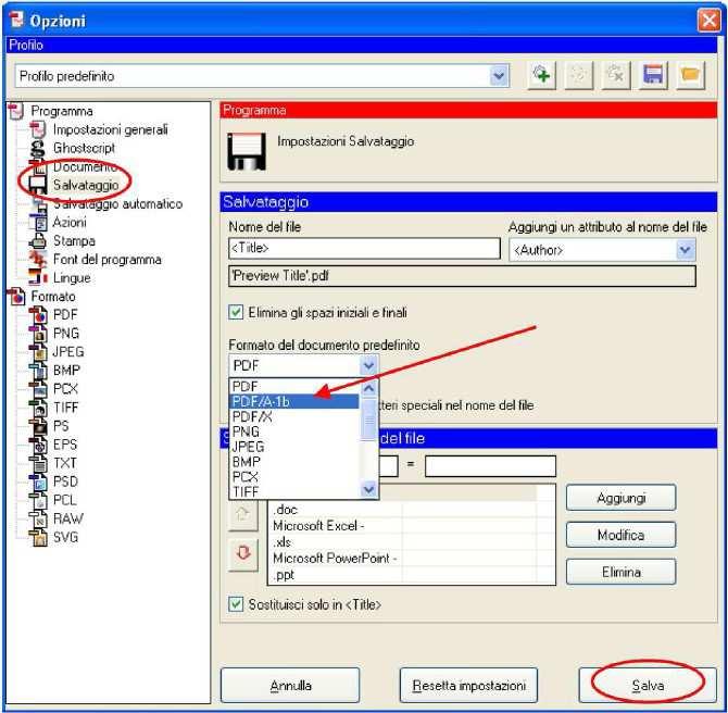 Cliccare sulla voce a sinistra Salvataggio e di seguito scegliere il formato