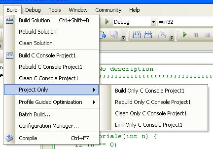 COMPILAZIONE/LINKING Menu Build Build All = compilazione + linking di tutti progetti build =
