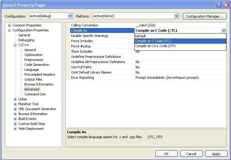 CONFIGURARE un PROGETTO per il C 2.b) Nella finestra Property Pages del progetto, selezionare voce Configuration Properties 2.
