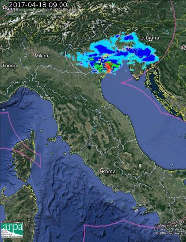 Mappe di precipitazione cumulata oraria, in mm, del composito radar nazionale fornito dal Dipartimento di Protezione Civile Nazionale alle 09 UTC (a sinistra), alle 10 UTC (al centro) ed alle 11 UTC