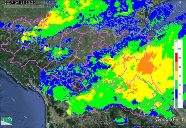 Alle 10:00 UTC nuovi temporali si innescano sulla pianura al confine tra le province di Ferrara, Bologna e Ravenna e più a sud sulle aree pedecollinari della Regione centrale.