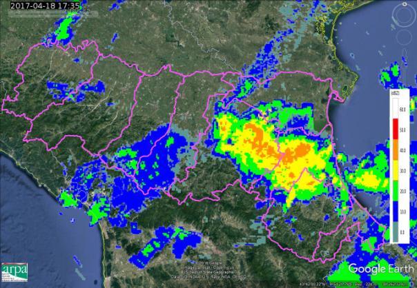 Mappe di riflettività del 18/04/2017 alle 14:20 UTC (a