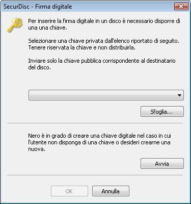 Disco dati 2. Se è già stata creata una chiave digitale, fare clic sul pulsante Sfoglia e selezionare la chiave. 3. Per creare una chiave digitale, fare clic sul pulsante Avvia.