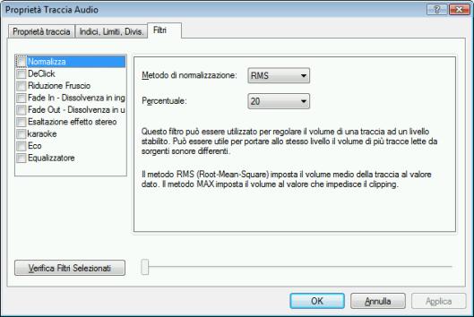 Musica Finestra Proprietà traccia audio, scheda Filtri Nella finestra Proprietà traccia audio sono disponibili le seguenti opzioni di configurazione: Normalizza DeClick Riduzione Fruscio Fade In -