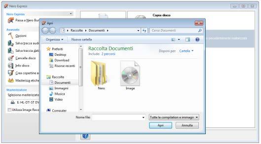 Caricamento di un file di immagine o di un progetto salvato 7 Caricamento di un file di immagine o di un progetto salvato Nero Express consente di masterizzare un disco da un'immagine disco o da una