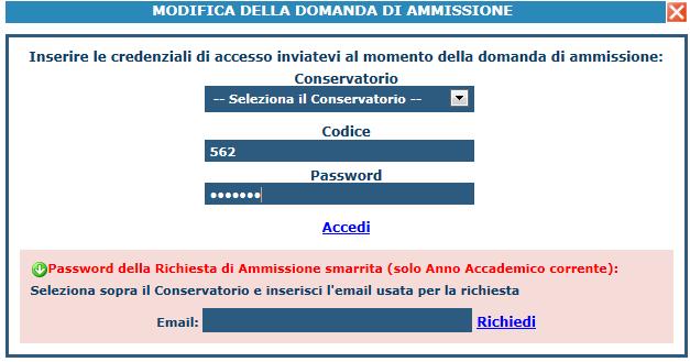 Inserire il codice e la password (inviati via e-mail al momento dell inserimento della domanda di ammissione).