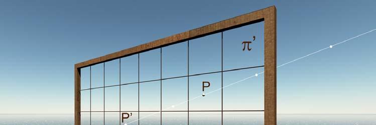 Il punto di fuga, ovvero come la prospettiva riduce l infinito al finito Fig. 1.1 In alto: relazione univoca tra un punto P, isolato nello spazio, e la sua prospettiva P. Fig. 1.2 In basso: relazione biunivoca tra un punto P, appartenente a una retta, e la sua prospettiva P.