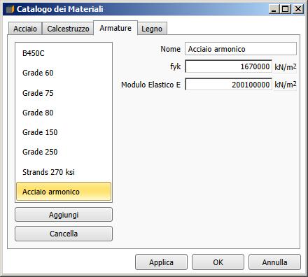 definita: Figure 2 Proprietà sezione tirante L acciaio armonico utilizzato è definito nella finestra Cataloghi Materiali: Figure 3 Catalogo materiali per