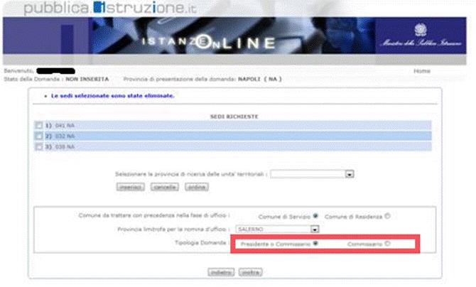 4.6.3 SPECIFICARE LA TIPOLOGIA DI DOMANDA Nella Figura 29 è evidenziata, in rosso, la sezione dove l utente deve specificare la tipologia di domanda: - Presidente o Commissario; - Commissario Nel