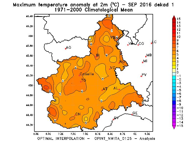 Figura 2 Anomalia della temperatura massima rispetto alla climatologia 1971-2000 (a sinistra) e precipitazione (a destra) sul Piemonte nella prima decade di