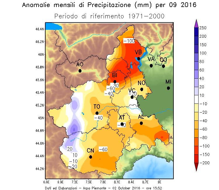 Precipitazioni In Piemonte il mese di settembre 2016 è risultato il 24 più carente di precipitazioni degli ultimi 59 anni, con una precipitazione media di circa 61.