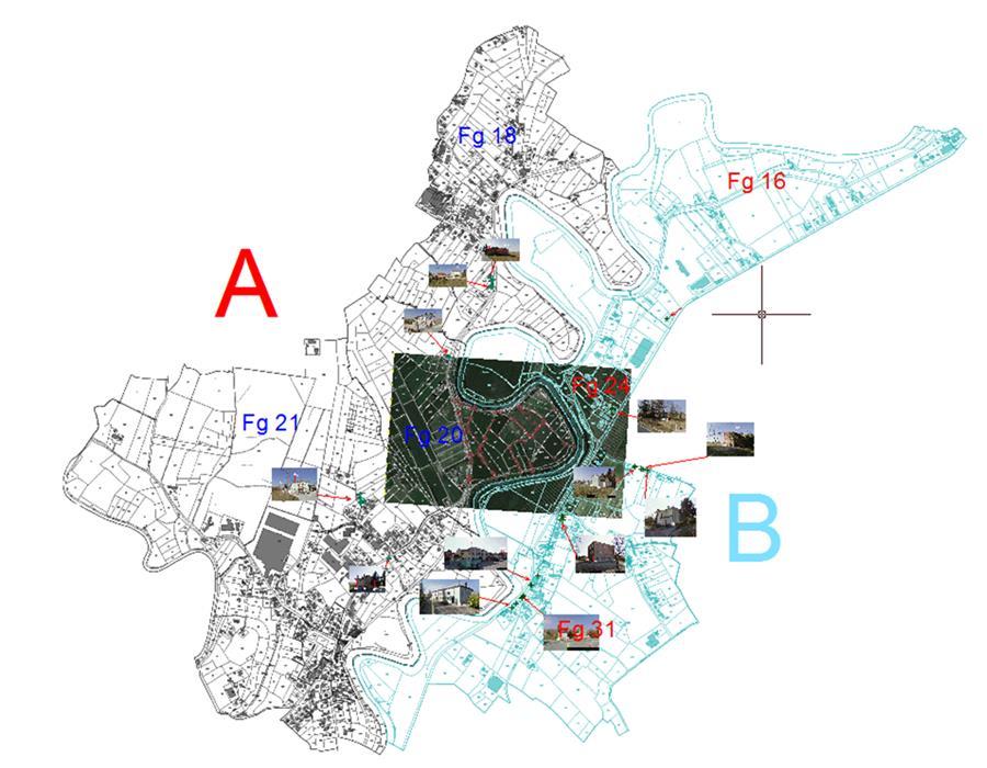 Georeferenziazione Parametrica e prelievo delle coordinate dalla mappa d impianto. Sovrapposizione mappa-rilievo mediante rototraslazione ai minimi quadrati e applicazione della variazione di scala.