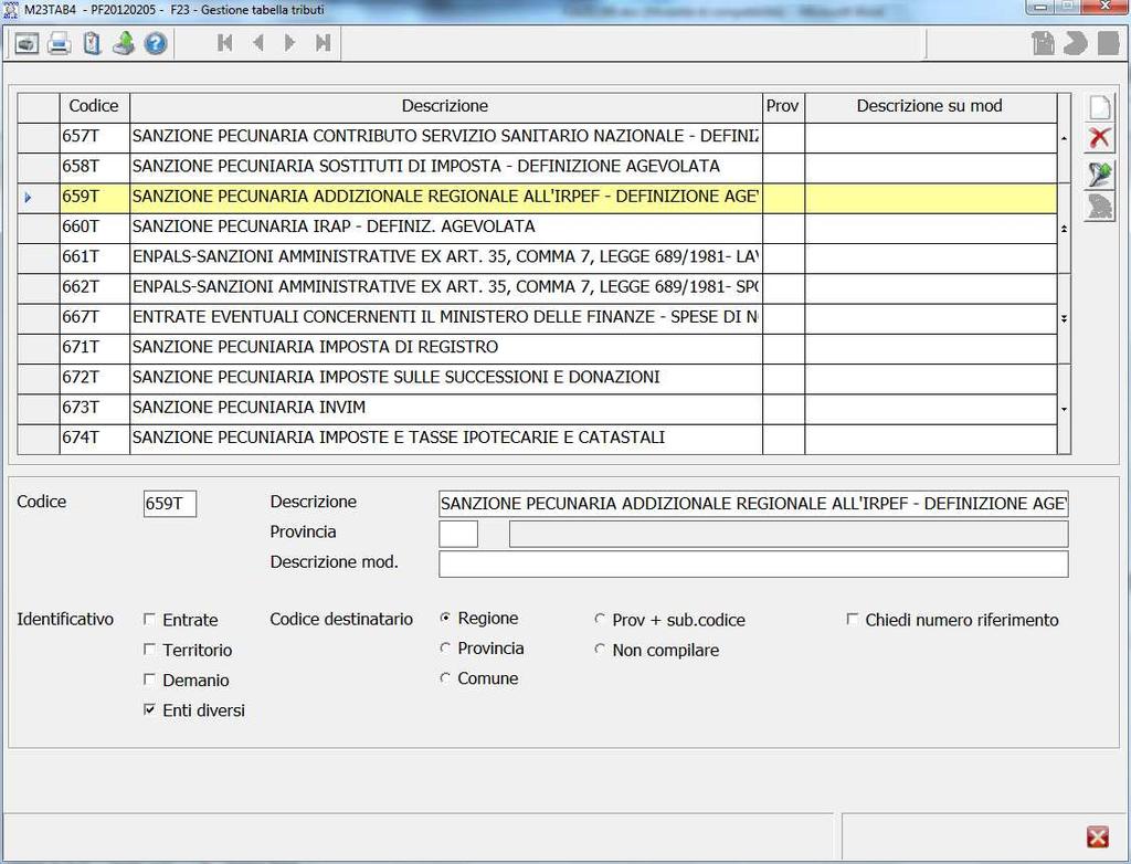 Per il tributo in oggetto, preso ad esempio, 659T, è previsto che il Codice destinatario sia la Regione come si può vedere dal flag che risulta barrato.