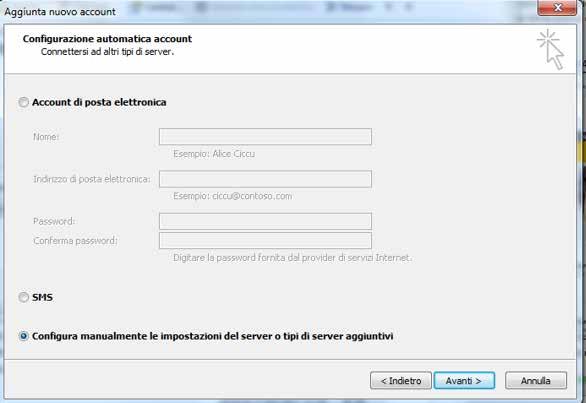 selezionare il radio button Configura manualmente le impostazioni.