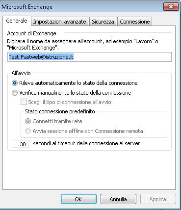 Viene visualizzato il dettaglio di configurazione dell account di posta elettronica.