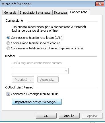 Selezionare il tab Connessione e il tasto Impostazioni proxy Microsoft Exchange.