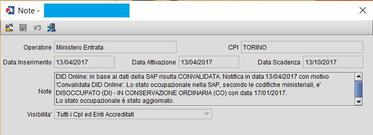 Figura 3 Scheda Note: Dettaglio La nota è composta da più frasi: DID Online: in base ai dati della SAP risulta <Stato della DID calcolato da sistema secondo la tabella 1> ; cioè viene indicato lo