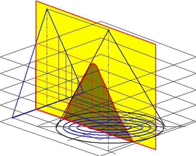 Assonometria isometrica di un cono poggiante sul PO sezionato da un piano alfa perpendicolare al PO, con determinazione