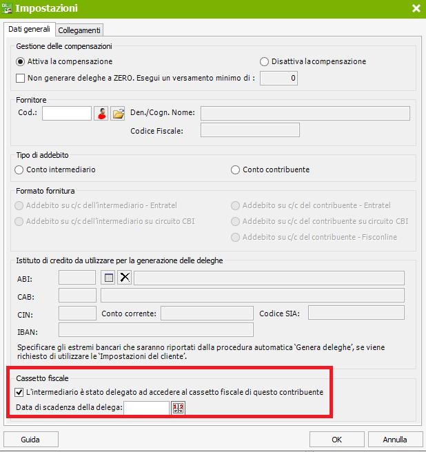 In Versamenti e compensazioni di ogni cliente, è necessario, nella voce di menù Deleghe > Impostazioni, inserire i seguenti campi: Senza questi campi lo scarico del Cassetto Fiscale segnala errori,