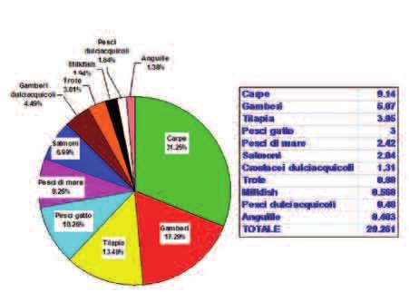 Maggio/Giugno 2011 Grafico 1 FOCUS DALL'ASPA Produzione mondiale di mangimi per organismi acquatici (in % e in milioni di t) (Tacon, 2010) delle diete quindi è influenzata dalla qualità delle