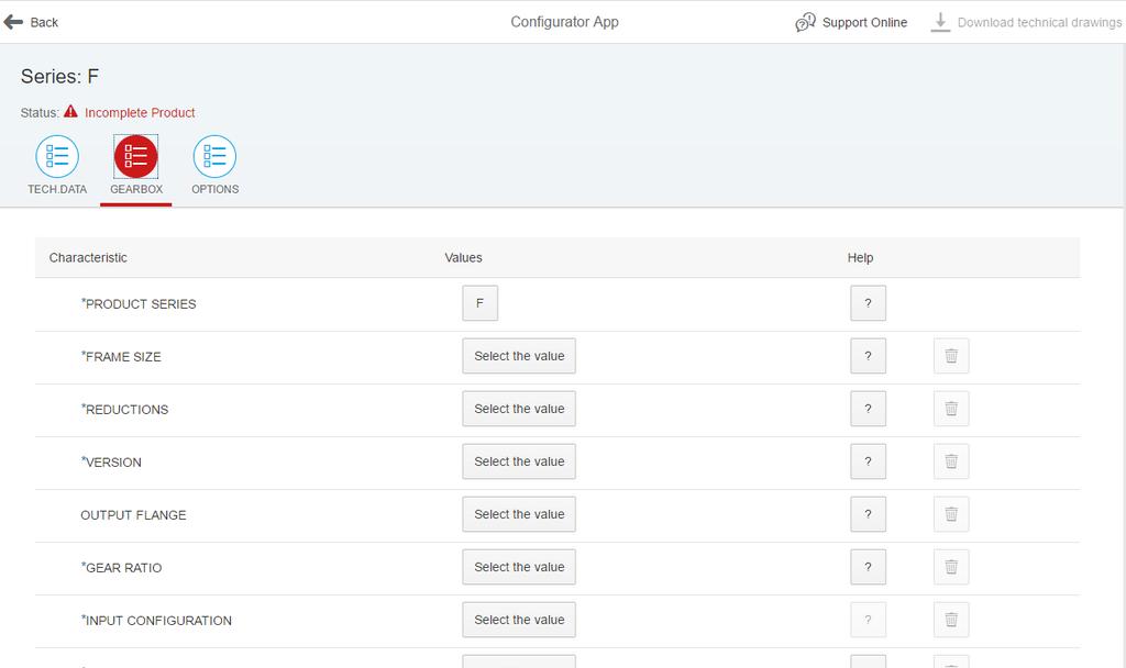 4. Scelto il prodotto singolo o abbinato, il sistema mostrerà la lista delle caratteristiche di configurazione suddivise in tab differenti: Tab delle caratteristiche principali (es.