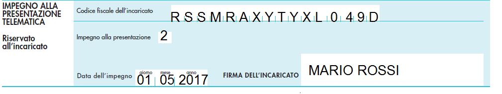 Nell'apposita casella "Impegno alla presentazione" andrà indicato: il codice 1 - se la comunicazione è stata predisposta dal contribuente, e pertanto l'intermediario assume solo l'impegno alla