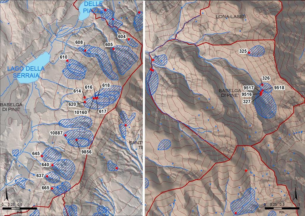 Baselga di Pinè Figura 1 : mappa di due stralci del territorio comunale con l ubicazione delle sorgenti selezionate ed analizzate (in rosso) con il codice che le caratterizza univocamente; per le