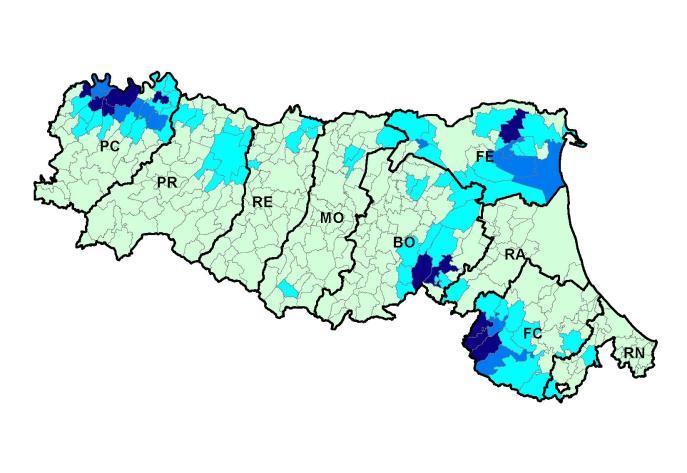 SAU media aziendale 1982 7,53 ha 1990 8,44 ha 2000 10,64 ha Province / Zone altimetriche ha Piacenza 18,49 Parma 17,60 Reggio nell'emilia 13,10 Modena 12,09 Bologna 16,05