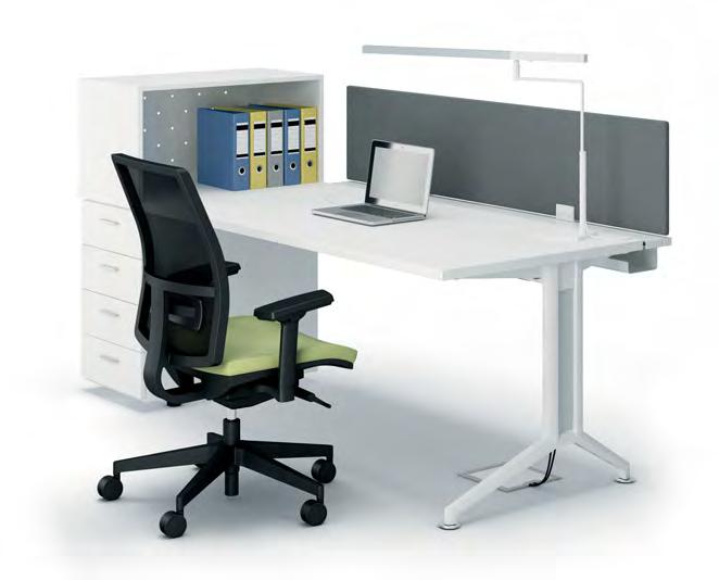 THANKS TO THE VERSATILITY OF THE ELEMENTS, THE DESK-HEIGHT STORAGE UNITS CAN create single or multiple workstations.