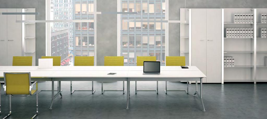 SHAPES, FINISHES AND MATERIALS JOIN TOGETHER TO MAKE MEETING TABLES with several sizes and wide modularity.