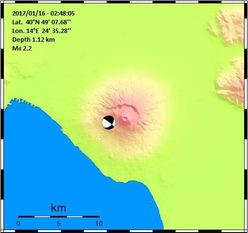 Figura 1.3 Localizzazione e meccanismo focale dell evento del 16/01 alle 02:48. Figura 1.