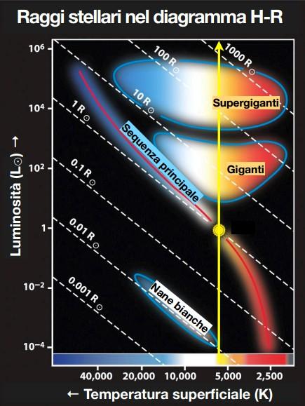 Diagramma HR Raggi Stellari Dalla relazione: è possibile ricavare il raggio della stella una volta note luminosità e temperatura superficiale.