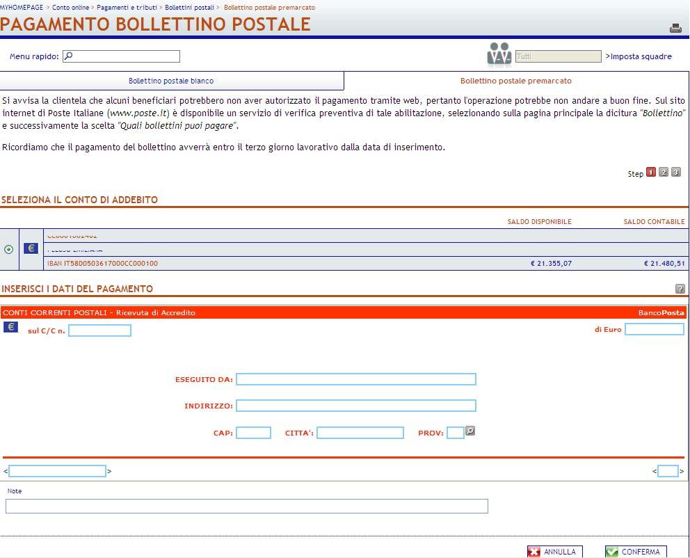 6.3.5.2. Bollettino Premarcato Attraverso la pagina web riportata nella figura sottostante è possibile disporre il pagamento di un Bollettino postale premarcato.