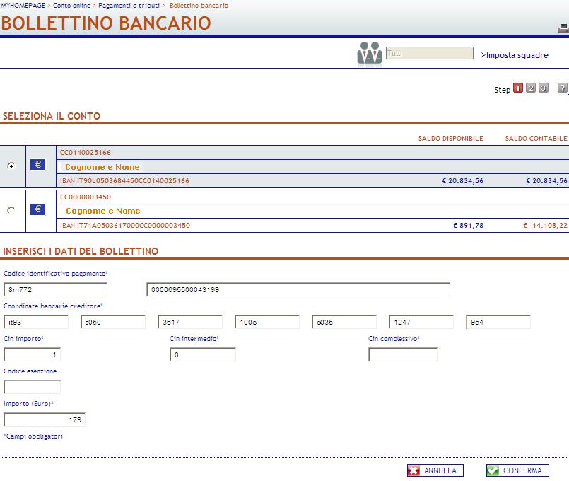 6.3.6. Bollettino Bancario Dalla sezione si accede alla pagina web riportata nella figura sottostante, attraverso la quale è possibile disporre il pagamento di un Bollettino Bancario.