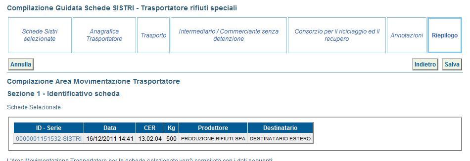 Giunti alla fase di Riepilogo, occorre salvare la Scheda SISTRI tramite il tasto Salva ; A salvataggio avvenuto è necessario pianificare il viaggio utilizzando la