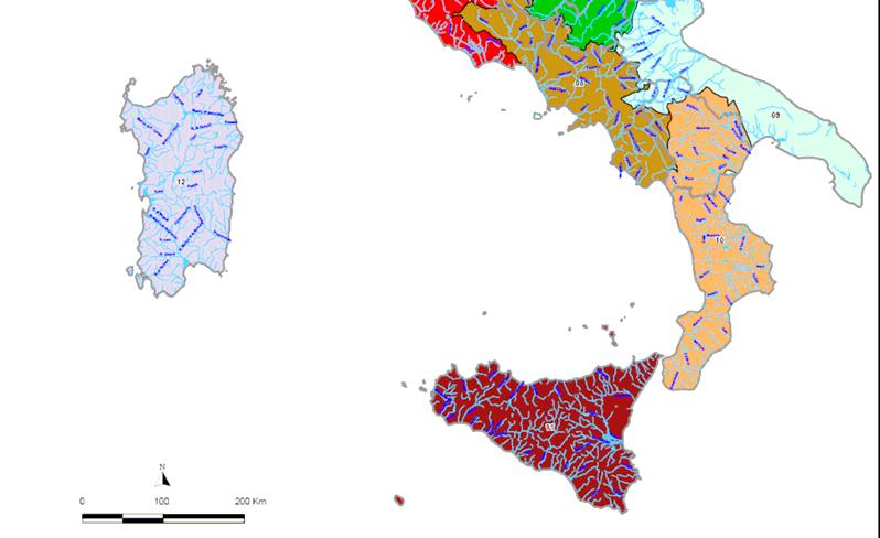 Individuazione distretti idrografici 234 corsi d acqua del 1 e del 2 ordine, che sottendono bacini idrografici di dimensioni superiori a 200 km 2 Superficie complessiva pari a 288.